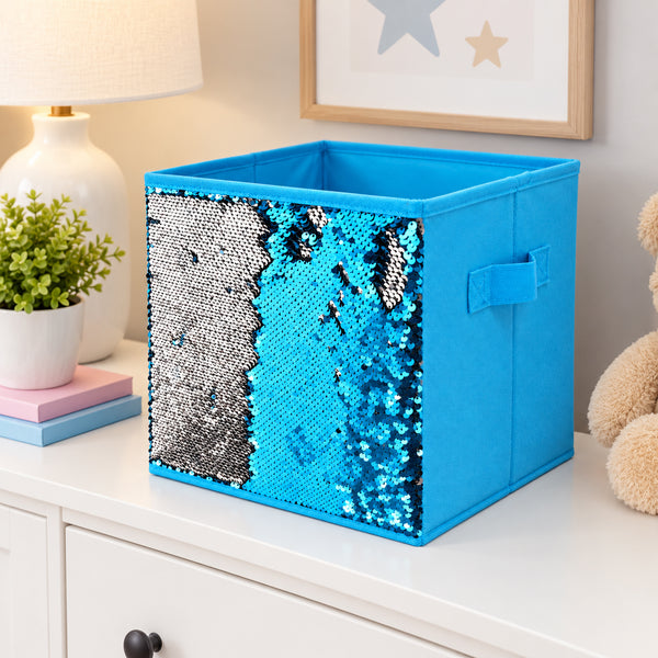 4 Pack Set Blue Silver Collapsible Fabric Storage Cube Bin Decorative Organizer Basket with Reversible Sequins - 10" Tall