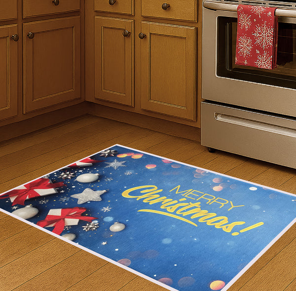 31" x 19" - Merry Christmas Holiday Blue Non-Slip Washable Low Pile Kitchen Mat Entrance Door Mat