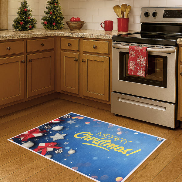 31" x 19" - Merry Christmas Holiday Blue Non-Slip Washable Low Pile Kitchen Mat Entrance Door Mat