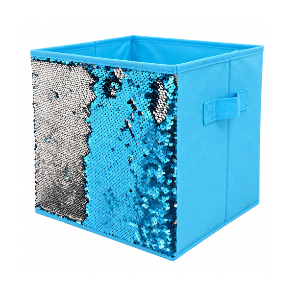 4 Pack Set Blue Silver Collapsible Fabric Storage Cube Bin Decorative Organizer Basket with Reversible Sequins - 10" Tall