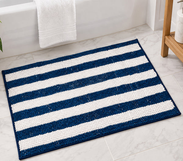 23"x15" Dark Blue & White Chenille Striped Bath Mat - Soft Absorbent Bathroom Rug