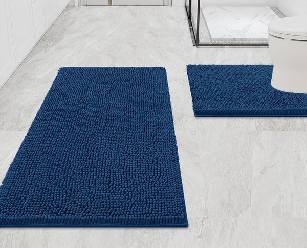 2 Piece Set Blue Soft Cozy Plush Chenille Bath Mat Bathroom Rug