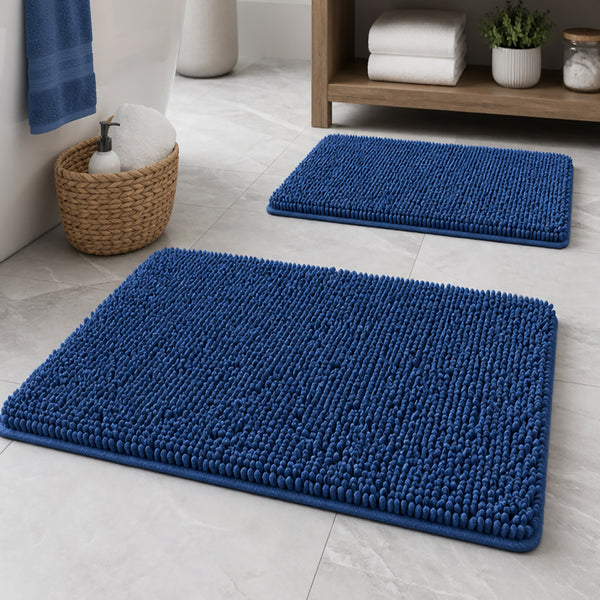 Large 2 Piece Set Blue Soft Cozy Plush Chenille Bath Mat Bathroom Rug