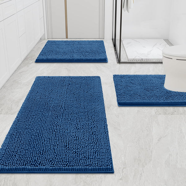 3 Piece Set Blue Soft Cozy Plush Chenille Bath Mat Highly Absorbent Bathroom Rug