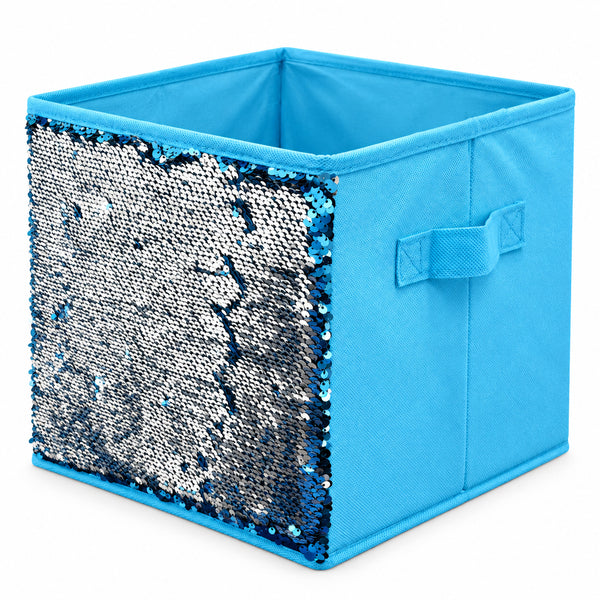 4 Pack Set Blue Silver Collapsible Fabric Storage Cube Bin Decorative Organizer Basket with Reversible Sequins - 10" Tall