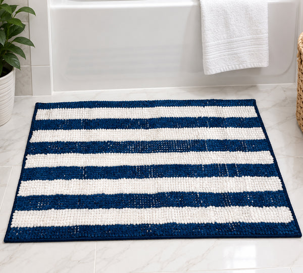 23"x15" Dark Blue & White Chenille Striped Bath Mat - Soft Absorbent Bathroom Rug