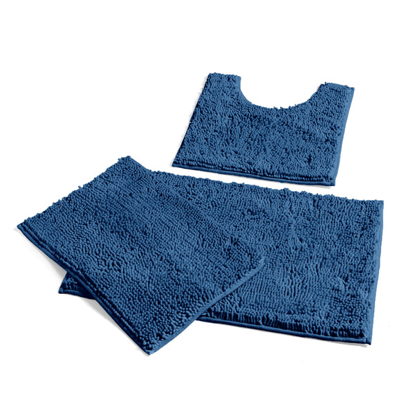 3 Piece Set Blue Soft Cozy Plush Chenille Bath Mat Highly Absorbent Bathroom Rug