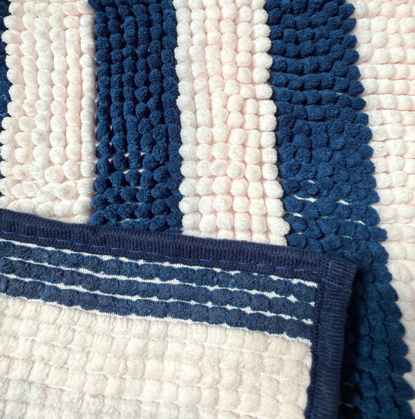 23"x15" Dark Blue & White Chenille Striped Bath Mat - Soft Absorbent Bathroom Rug