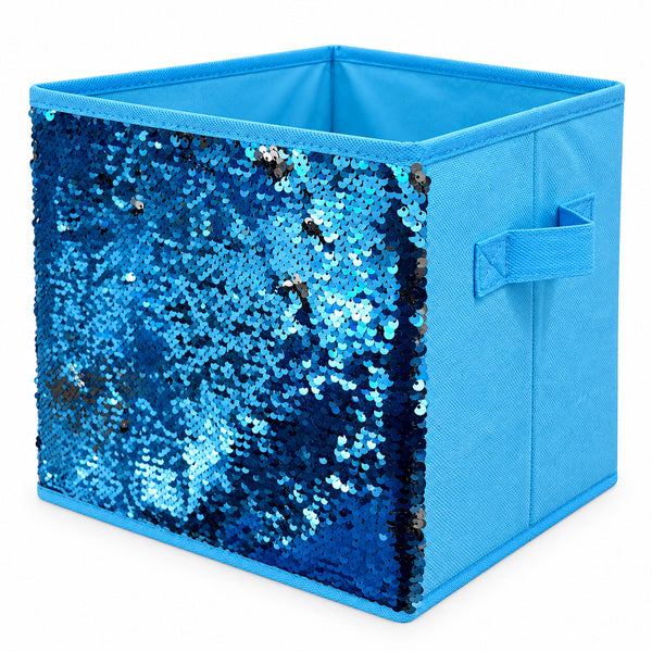 4 Pack Set Blue Silver Collapsible Fabric Storage Cube Bin Decorative Organizer Basket with Reversible Sequins - 10" Tall