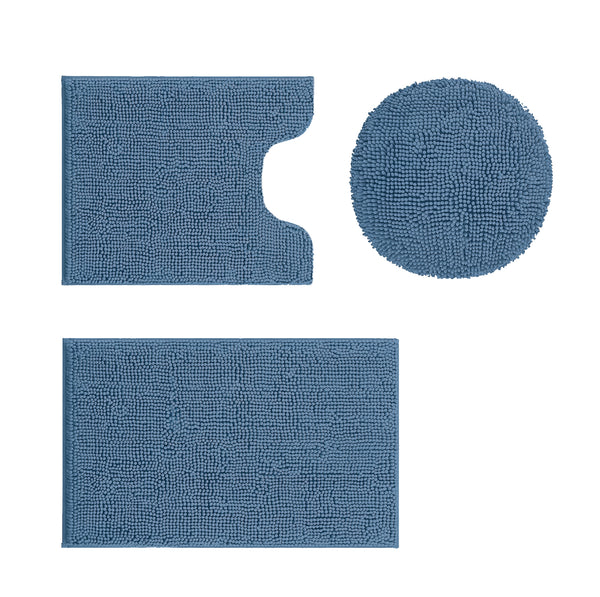 3 Piece Set Blue Soft Cozy Plush Chenille Bath Mat Highly Absorbent Bathroom Rug