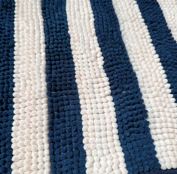 23"x15" Dark Blue & White Chenille Striped Bath Mat - Soft Absorbent Bathroom Rug