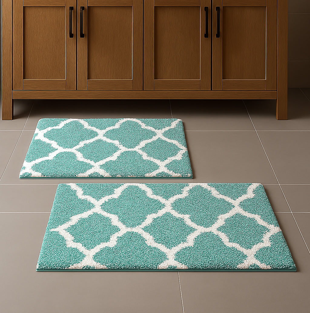 Blue 2 Piece Trellis Plush Soft Cozy 100% Cotton Bath Mat Set
