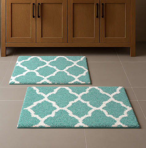 Blue 2 Piece Trellis Plush Soft Cozy 100% Cotton Bath Mat Set