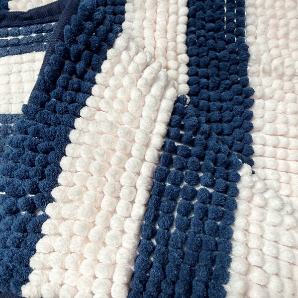 23"x15" Dark Blue & White Chenille Striped Bath Mat - Soft Absorbent Bathroom Rug