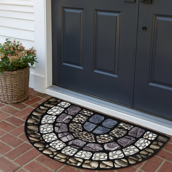30"x19" - Blue Grey Stones Pebbles Half-Circle Non-Slip Rubber Washable Low-Pile Indoor Outdoor Entrance Door Mat
