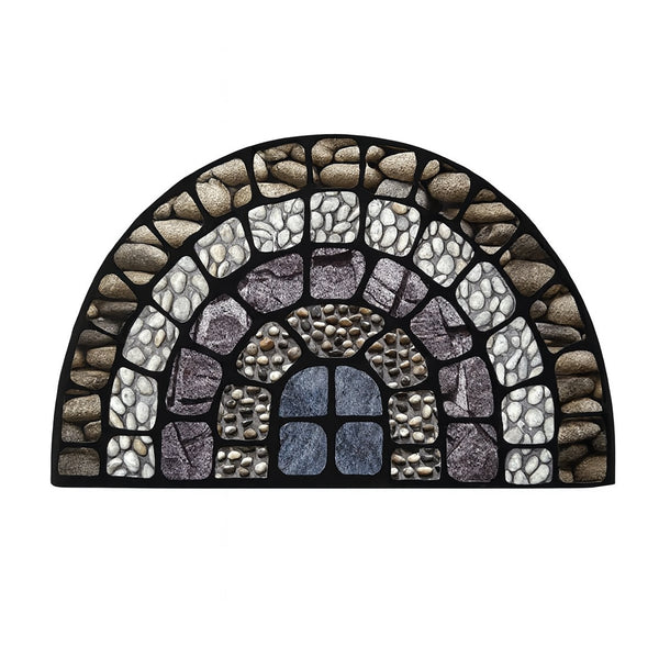 30"x19" - Blue Grey Stones Pebbles Half-Circle Non-Slip Rubber Washable Low-Pile Indoor Outdoor Entrance Door Mat