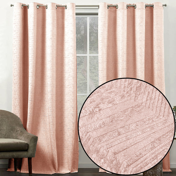 108" Long - 2 Piece Blush Solid Silky Geometric Embossed Blackout Grommet Window Curtain Panel Set