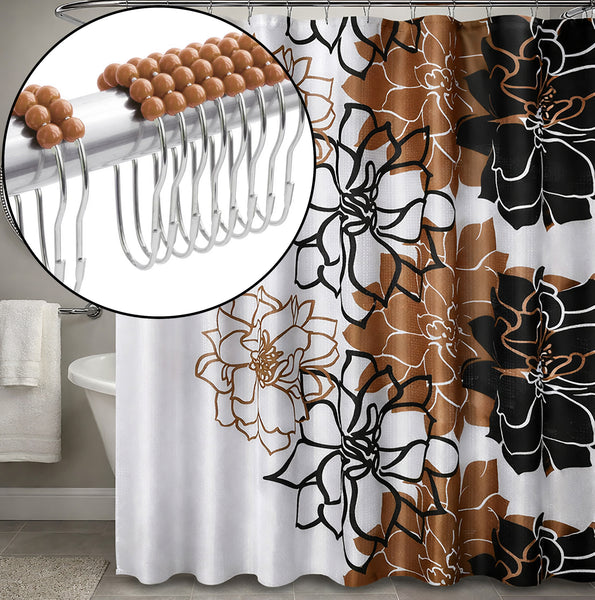 72" x 72" - Brown Floral Fabric Textured Glam luxury Shower Curtain With 12 Metal Roller Ball Hooks