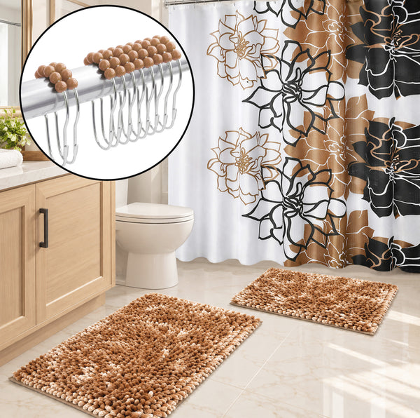 Beige Light Brown Plush Thick Chenille Bath Mat with Floral Shower Curtain & Hooks - 15 Piece Set