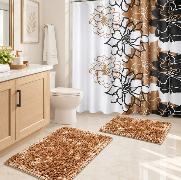 Beige Light Brown Plush Thick Chenille Bath Mat with Floral Shower Curtain & Hooks - 15 Piece Set
