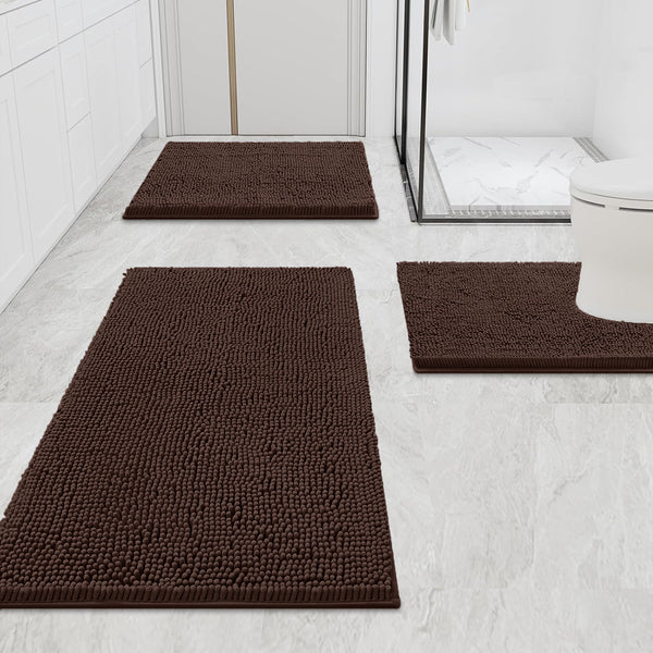 3 Piece Set Brown Soft Cozy Plush Chenille Bath Mat Highly Absorbent Bathroom Rug