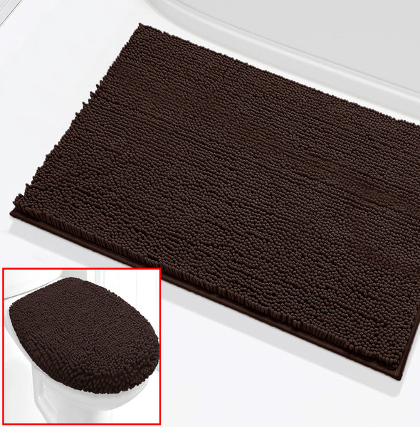 2 Piece Set Brown Soft Cozy Plush Chenille Bath Mat Bathroom Rug & Toilet Seat Cover