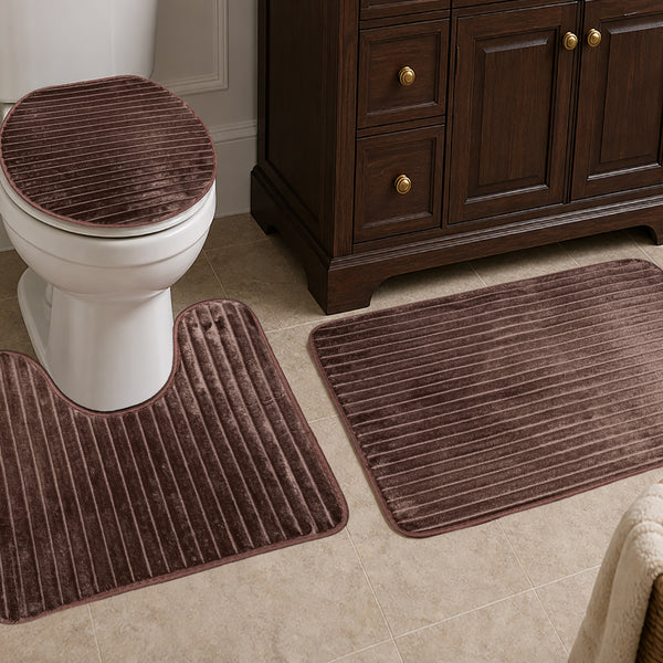 3 Piece Brown Solid Stripes Textured Ultra Soft Thick Memory Foam Non-Slip Absorbent Bathroom Bath Mat Set