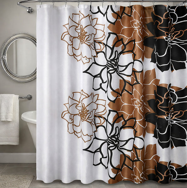 72" x 72" - Brown Floral Fabric Textured Glam luxury Shower Curtain With 12 Metal Roller Ball Hooks