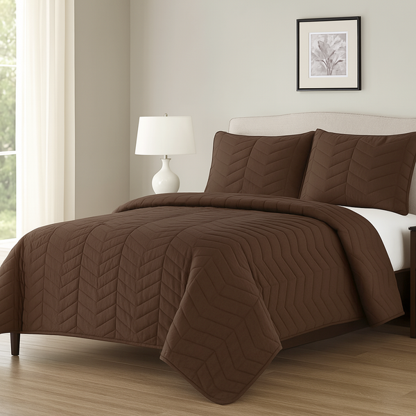 Brown 3 Piece Modern Geometric Solid Soft Plush Cozy Bedspread Quilt Set