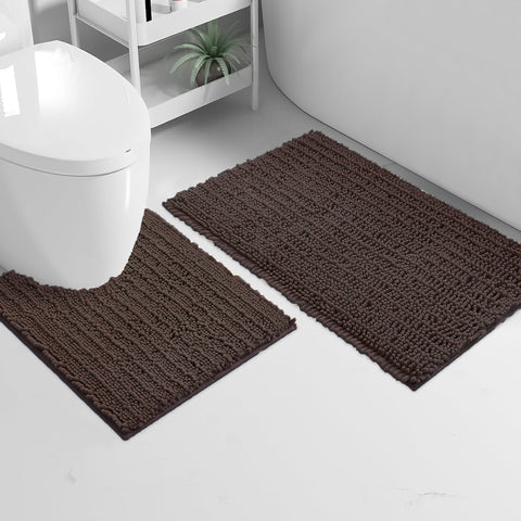 2 Piece Set Brown Soft Cozy Plush Chenille Bath Mat Bathroom Rug