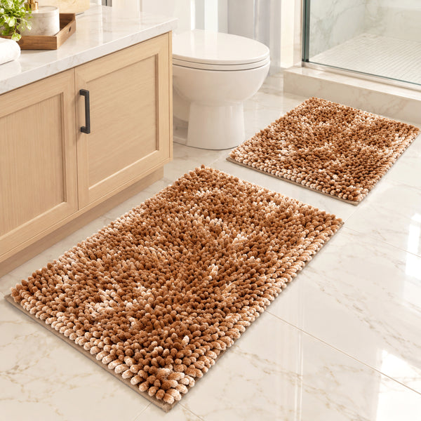 Beige Light Brown Plush Thick Chenille Bath Mat with Floral Shower Curtain & Hooks - 15 Piece Set