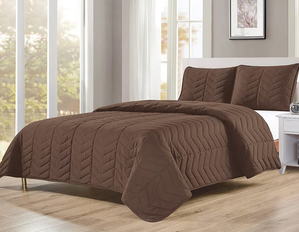 Brown 3 Piece Modern Geometric Solid Soft Plush Cozy Bedspread Quilt Set