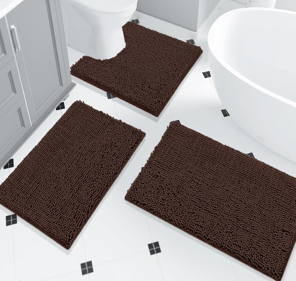 3 Piece Set Brown Soft Cozy Plush Chenille Bath Mat Highly Absorbent Bathroom Rug