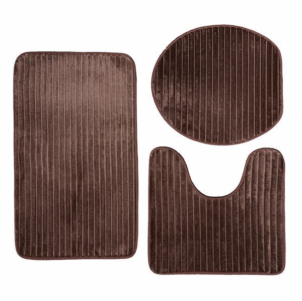 3 Piece Brown Solid Stripes Textured Ultra Soft Thick Memory Foam Non-Slip Absorbent Bathroom Bath Mat Set