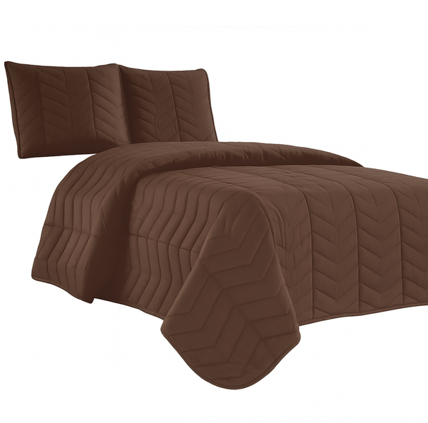 Brown 3 Piece Modern Geometric Solid Soft Plush Cozy Bedspread Quilt Set