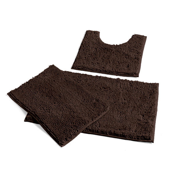 3 Piece Set Brown Soft Cozy Plush Chenille Bath Mat Highly Absorbent Bathroom Rug