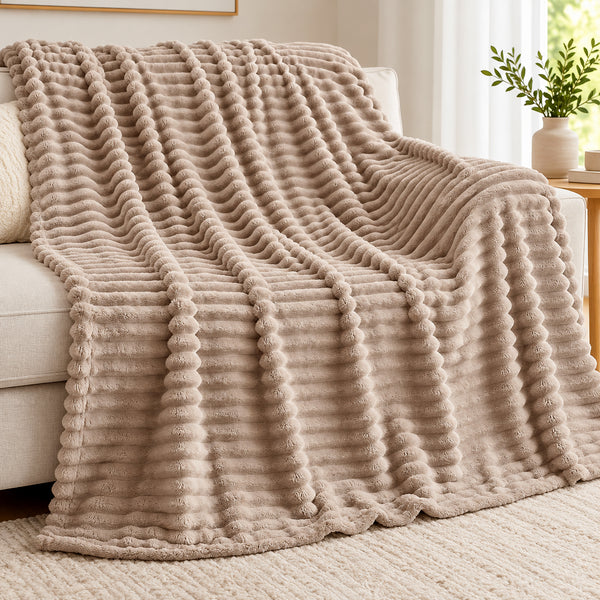 King Size Brown Ultra Soft Cozy Textured Fluffy Plush Ribbed Faux Fur Bed Blanket