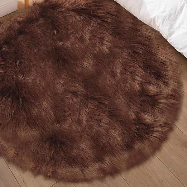 3x3 Feet Round Brown Faux Fur Sheepskin Soft Plush Fuzzy Rug