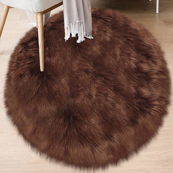 3x3 Feet Round Brown Faux Fur Sheepskin Soft Plush Fuzzy Rug