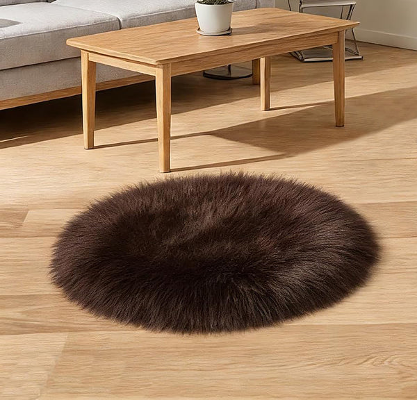 3x3 Feet Round Brown Faux Fur Sheepskin Soft Plush Fuzzy Rug