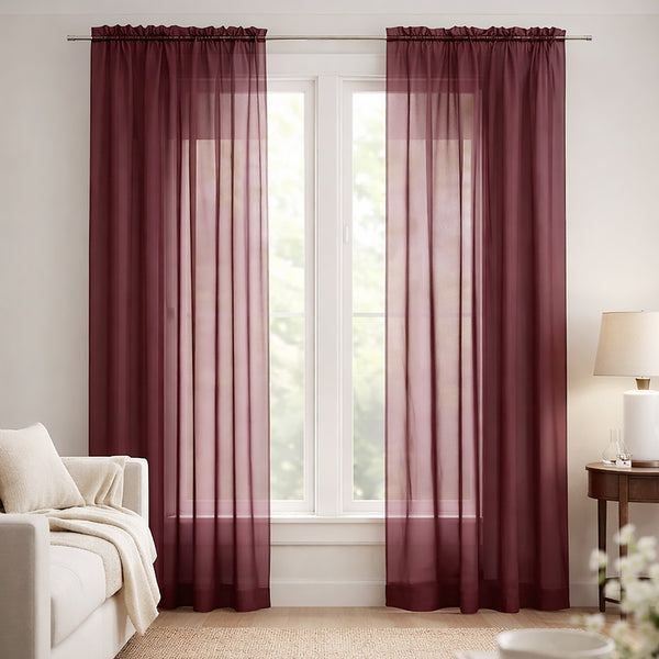 Burgundy Sheer Window Rod Pocket Curtain Set 90" Inches Long (2 Panels)