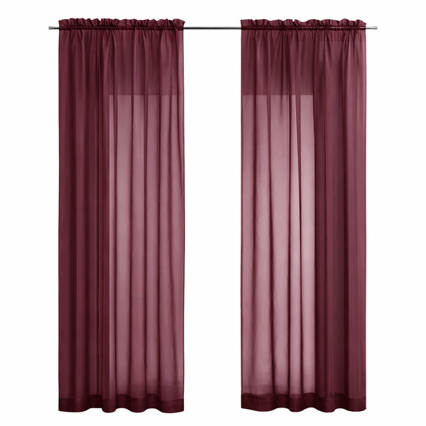 Burgundy Sheer Window Rod Pocket Curtain Set 90" Inches Long (2 Panels)