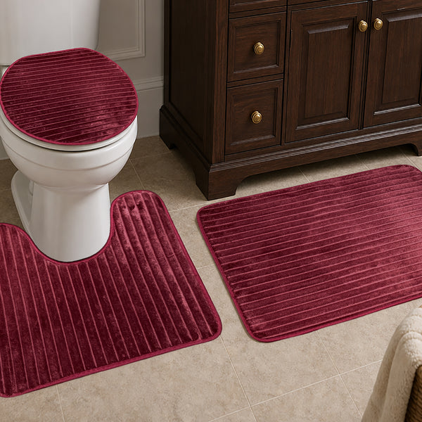 3 Piece Burgundy Red Solid Stripes Textured Ultra Soft Thick Memory Foam Non-Slip Absorbent Bathroom Bath Mat Set