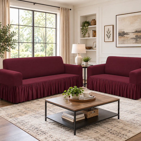 2-Piece Set Burgundy Slipcover Sofa & Loveseat Cover Protector 4-Way Stretch Elastic