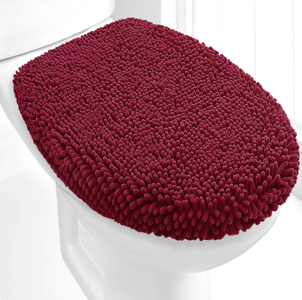 2 Piece Set Burgundy Soft Cozy Plush Chenille Bath Mat Bathroom Rug & Toilet Seat Cover