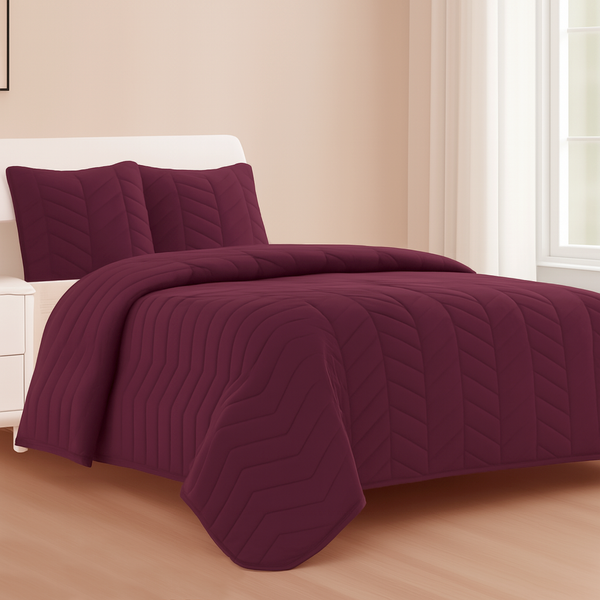Burgundy 3 Piece Modern Geometric Solid Soft Plush Cozy Bedspread Quilt Set