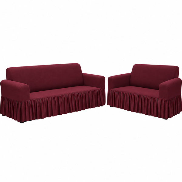 2-Piece Set Burgundy Slipcover Sofa & Loveseat Cover Protector 4-Way Stretch Elastic