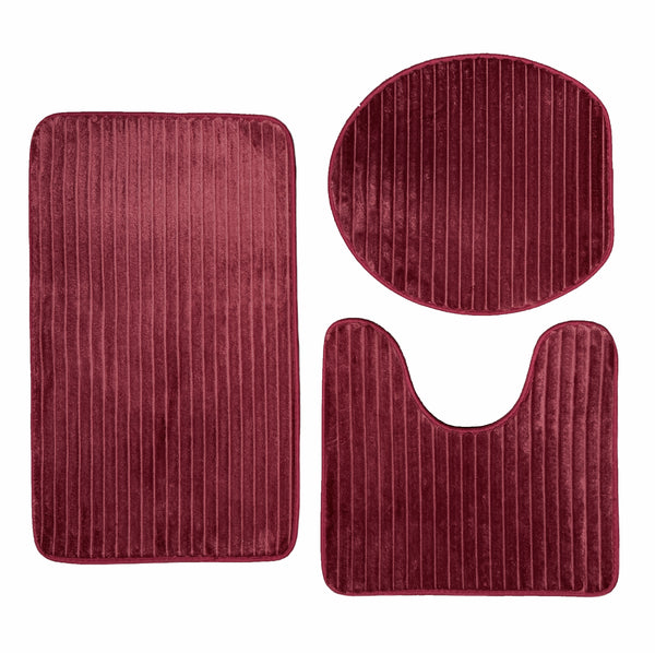 3 Piece Burgundy Red Solid Stripes Textured Ultra Soft Thick Memory Foam Non-Slip Absorbent Bathroom Bath Mat Set