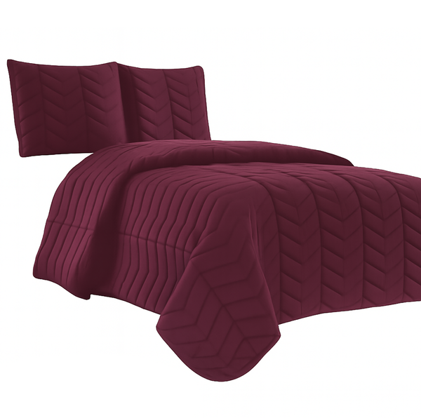 Burgundy 3 Piece Modern Geometric Solid Soft Plush Cozy Bedspread Quilt Set