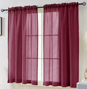 63" Inches Long - Burgundy Sheer Window Rod Pocket Curtain Set (2 Panels)